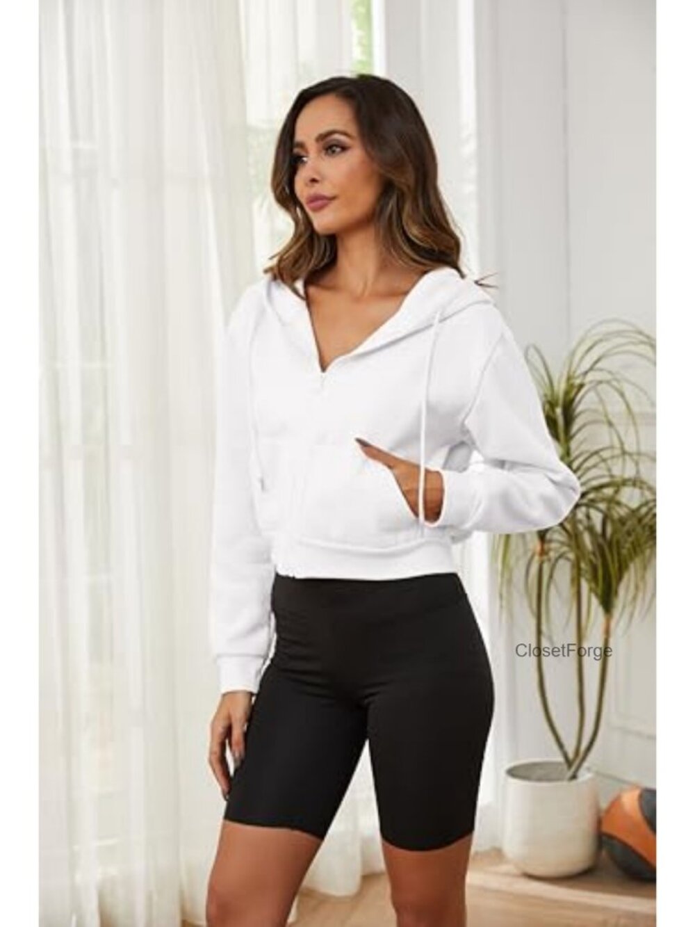 Women's Fleece Full Zip Crop Hoodie Long Sleeve with Pockets - Picture 2 of 6